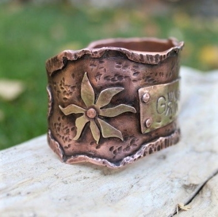 Earthy hammered copper, brass, flower riveted large sturdy cuff