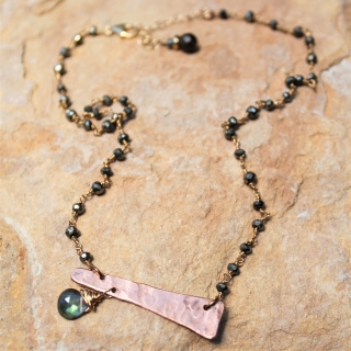 Pyrite Bar Necklace with Rainbow Quartz
