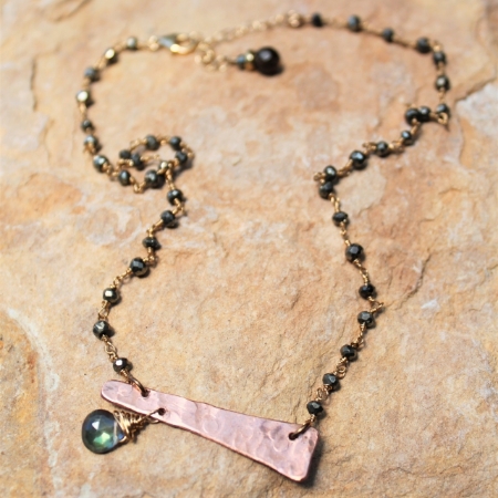 Pyrite Bar Necklace with Rainbow Quartz