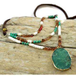 long layered boho gemstone necklace on wood