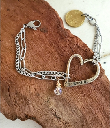 open heart mixed chain birthstone coin bracelet on wood