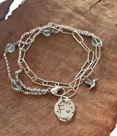 silver mixed chain green gemstone wrap bracelet