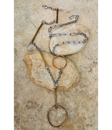 full view ling mixed metal chain bar necklace on stone