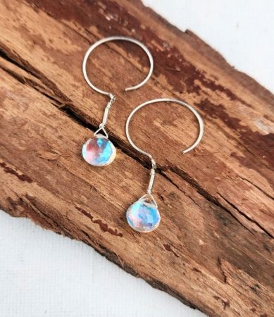 rainbow quartz silver mini hoop earrings on wood