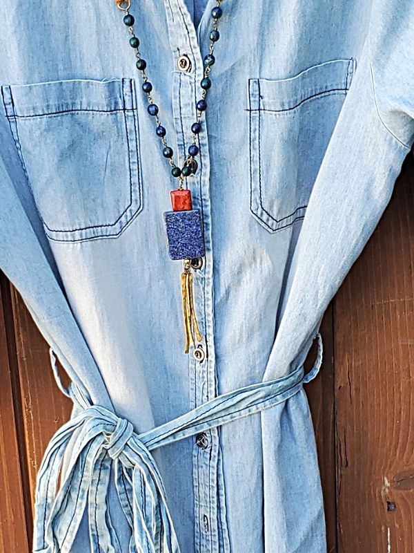 denim shirt dress with blue beaded gemsetone necklace