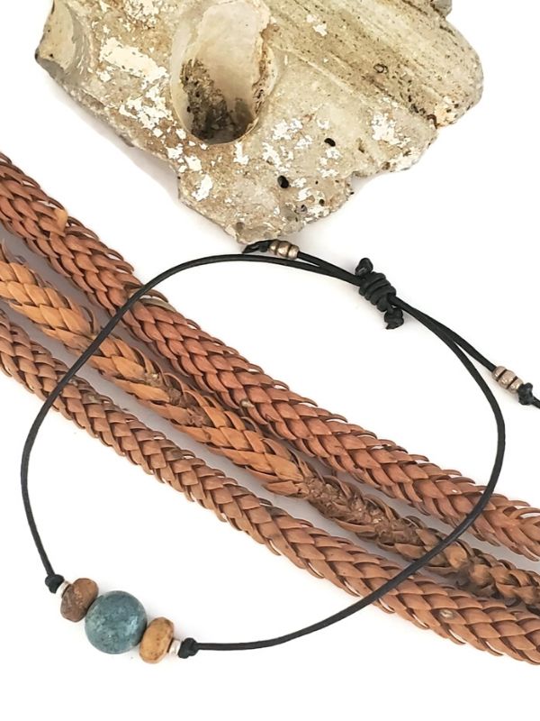 men's black leather beaded slide knot bracelet