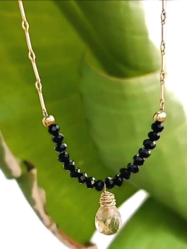 gold & black necklace on big green leaf