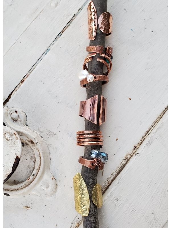 row of metal rings on a branch