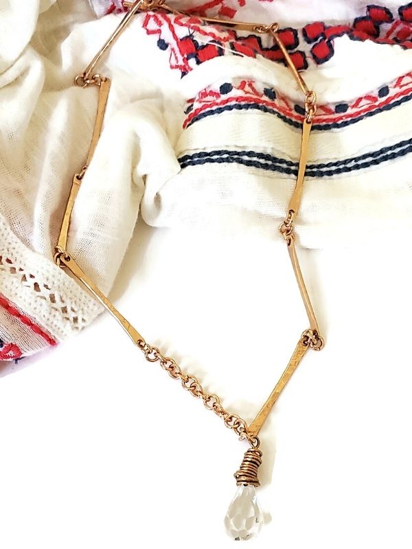 hammered-bronze bar crystal necklace with boho top