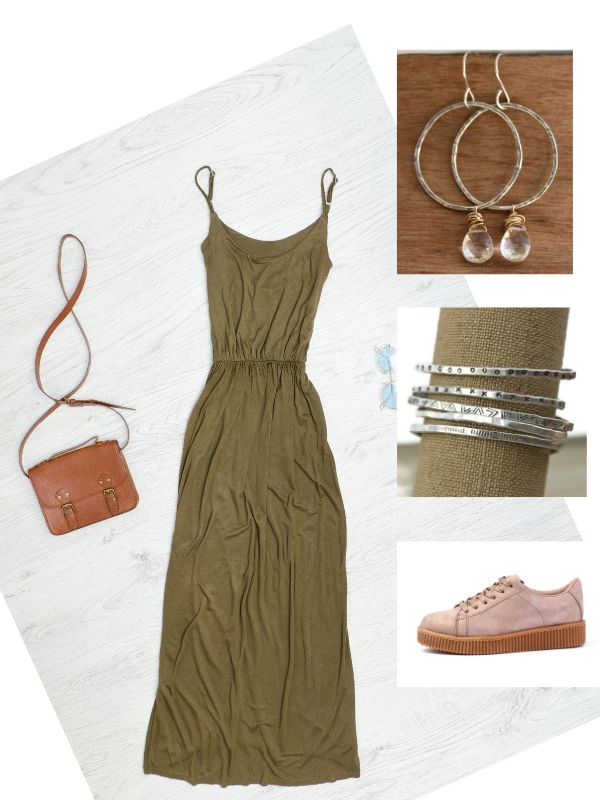 Outfit flat lay with handcrafted jewelry