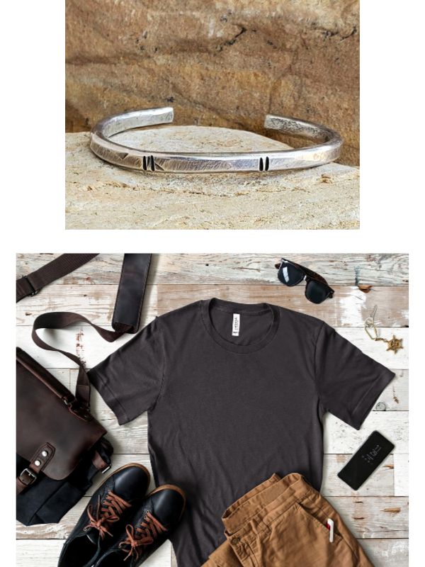 handcrafted silver cuff bracelet with flat lay outfit unisex