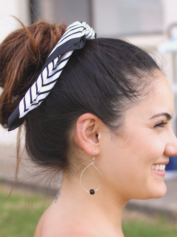 Silver oval black gemstone hoop earrings 