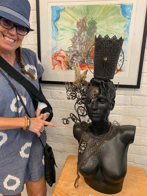 mixed-beads gemstone stack bracelet worn at art show