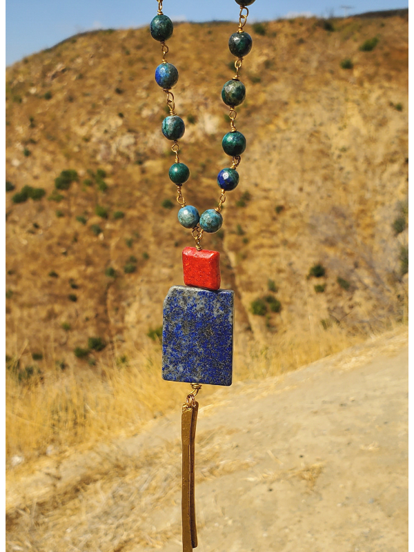 long blue gemstone beaded boho artisan necklace